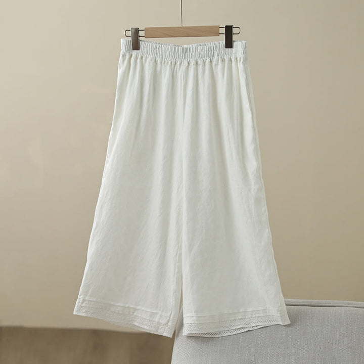 Pantalones de algodón de pierna ancha para mujer con bolsillos y diseño retro de patchwork de encaje liso de Buddha Stones Commute, longitud 7-8