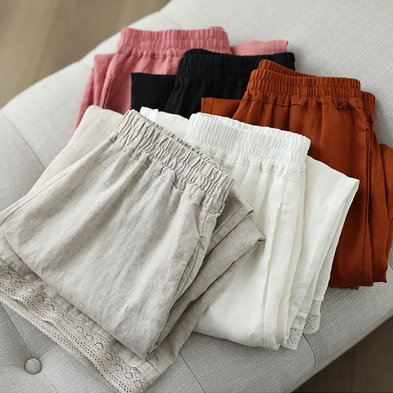 Pantalones de algodón de pierna ancha para mujer con bolsillos y diseño retro de patchwork de encaje liso de Buddha Stones Commute, longitud 7-8