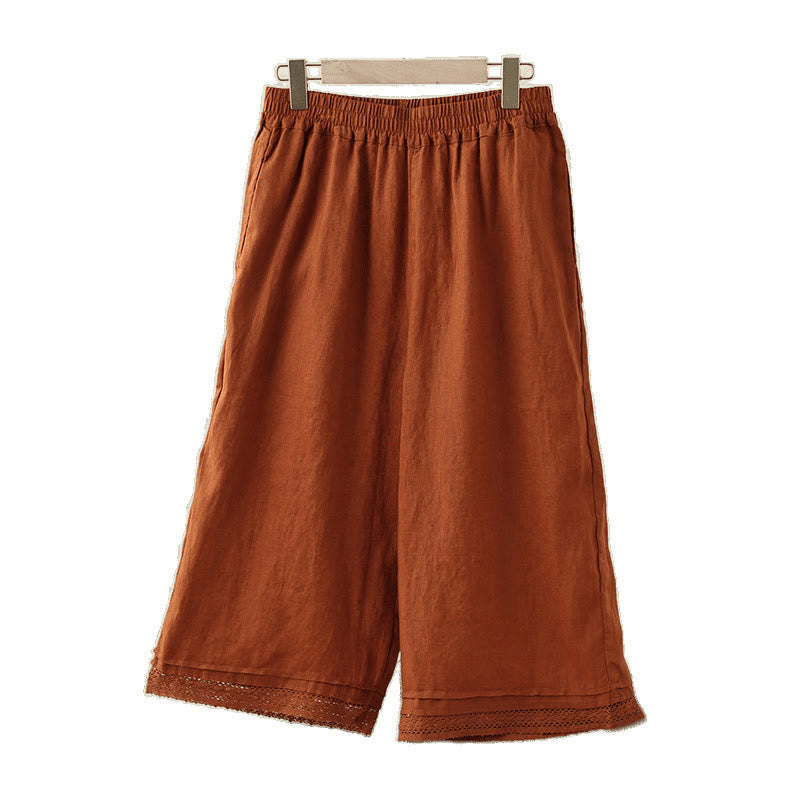 Pantalones de algodón de pierna ancha para mujer con bolsillos y diseño retro de patchwork de encaje liso de Buddha Stones Commute, longitud 7-8