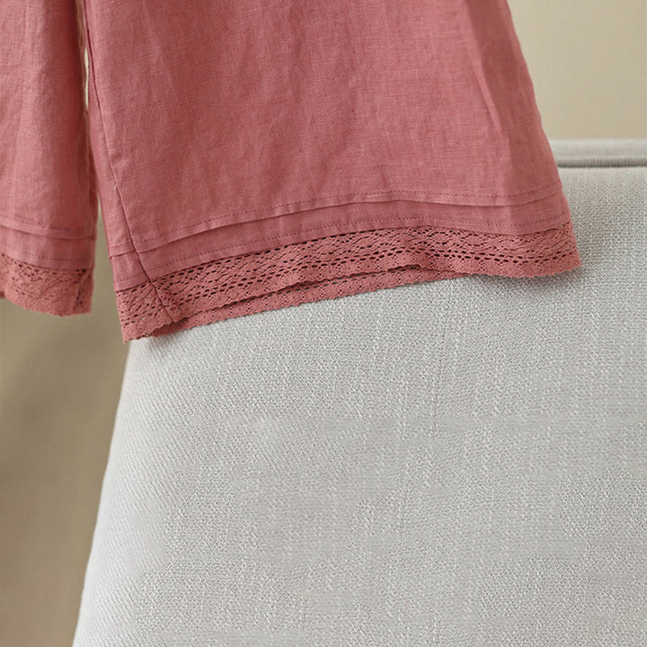 Pantalones de algodón de pierna ancha para mujer con bolsillos y diseño retro de patchwork de encaje liso de Buddha Stones Commute, longitud 7-8 - image 13