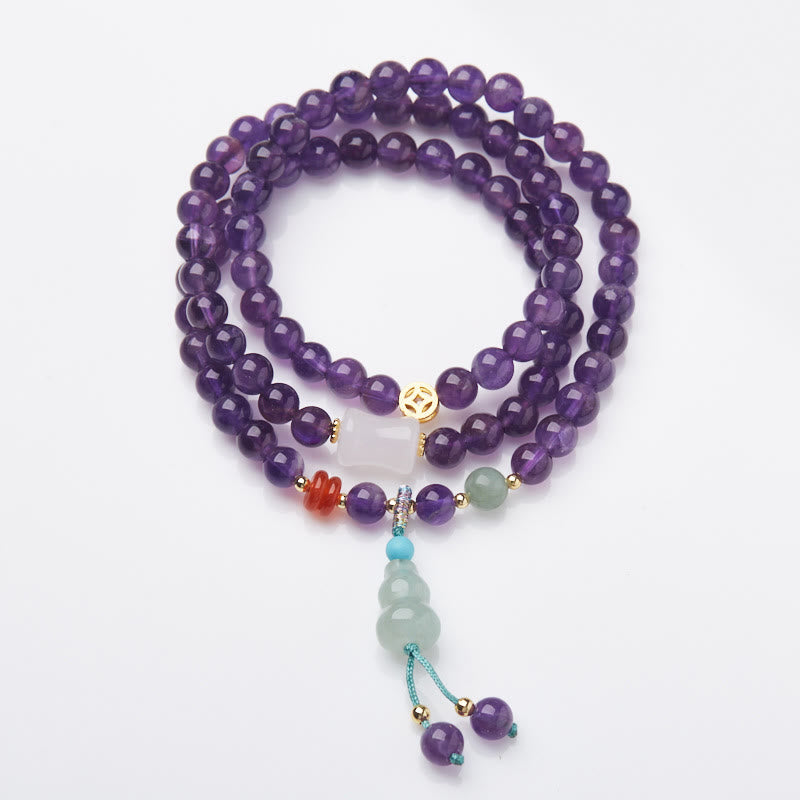 Pulsera multicapa con cuentas de amatista natural de Buddha Stones, colgante de moneda, calabaza, calcedonia y loto.