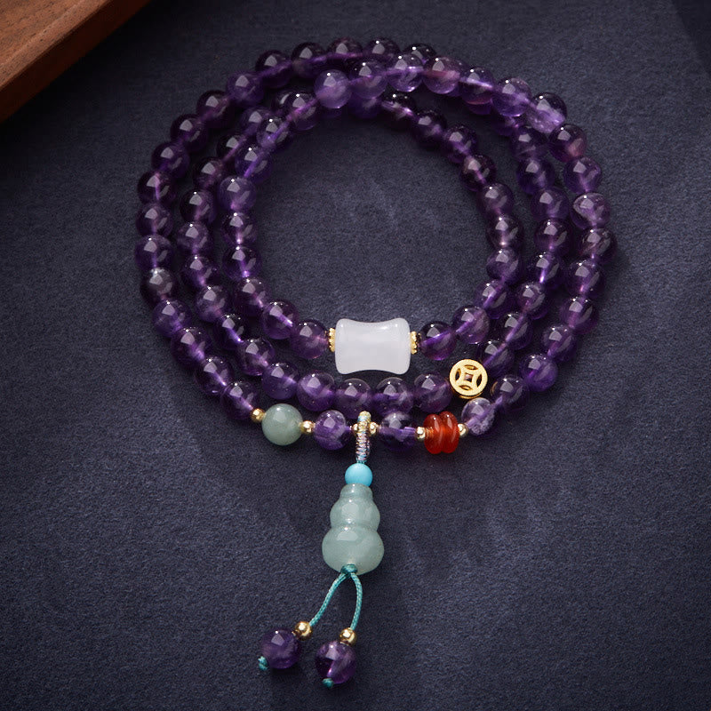 Pulsera multicapa con cuentas de amatista natural de Buddha Stones, colgante de moneda, calabaza, calcedonia y loto.