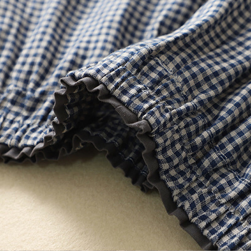 Pantalones casuales de lino y algodón con estampado a cuadros Buddha Stones Commute, de longitud 7-8, para mujer, con pernera ancha y bolsillos - image 3