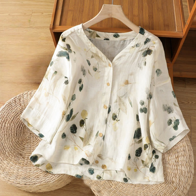 Camisa de mujer de poliéster con cuello en V, diseño de botones y estampado de Buddha Stones. - Marfil - US14，UK/AU18，EU46 (2XL) - image 0