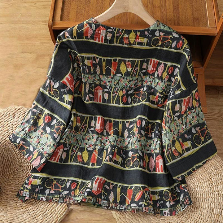 Camisa de mujer de poliéster con cuello en V, diseño de botones y estampado de Buddha Stones. - image 10