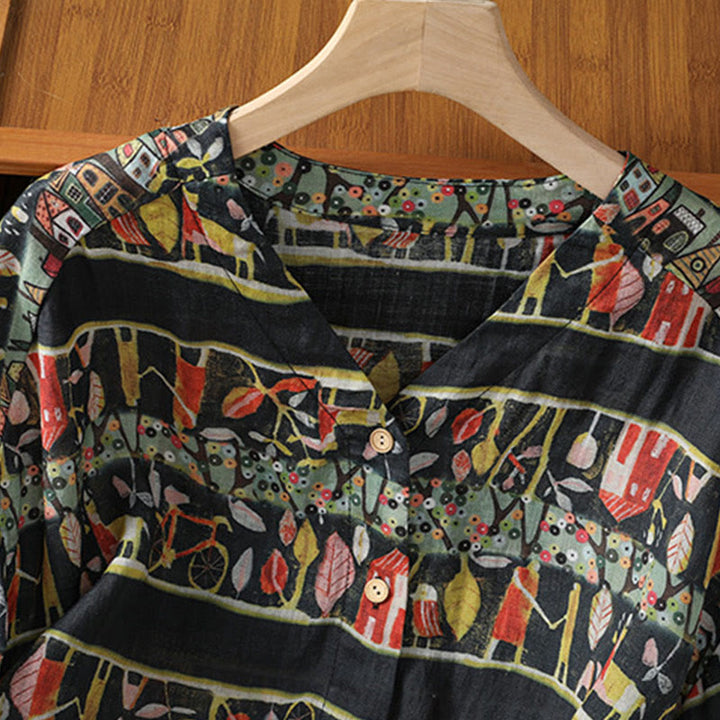 Camisa de mujer de poliéster con cuello en V, diseño de botones y estampado de Buddha Stones. - image 14
