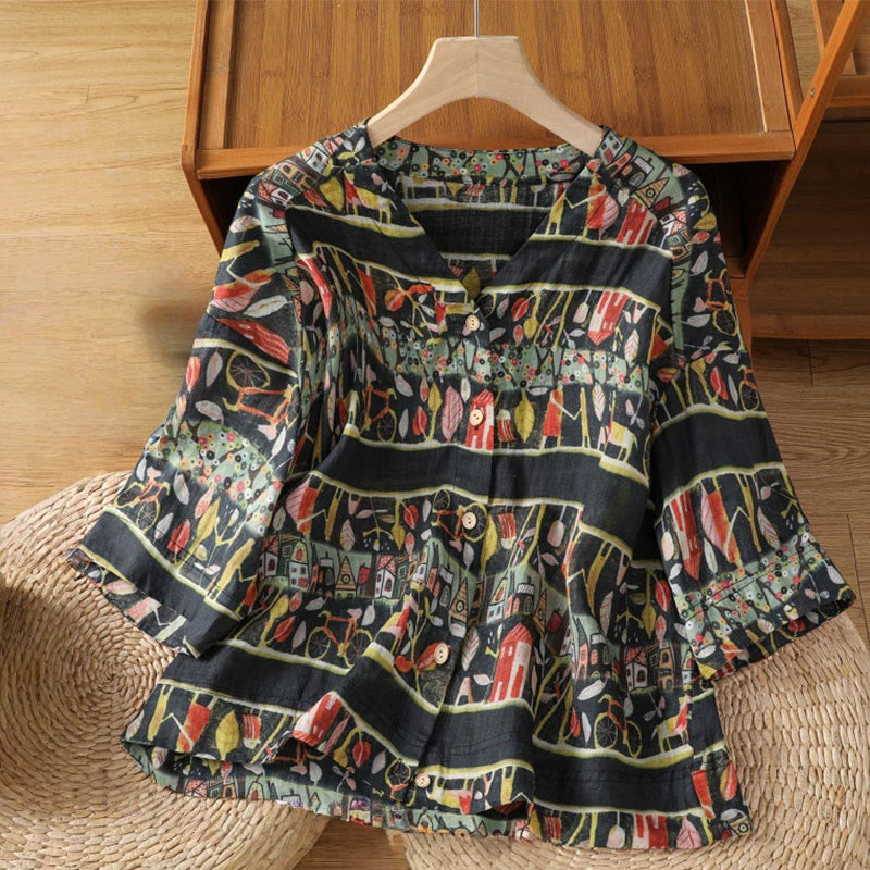 Camisa de mujer de poliéster con cuello en V, diseño de botones y estampado de Buddha Stones. - Negro - US14，UK/AU18，EU46 (2XL) - image 9