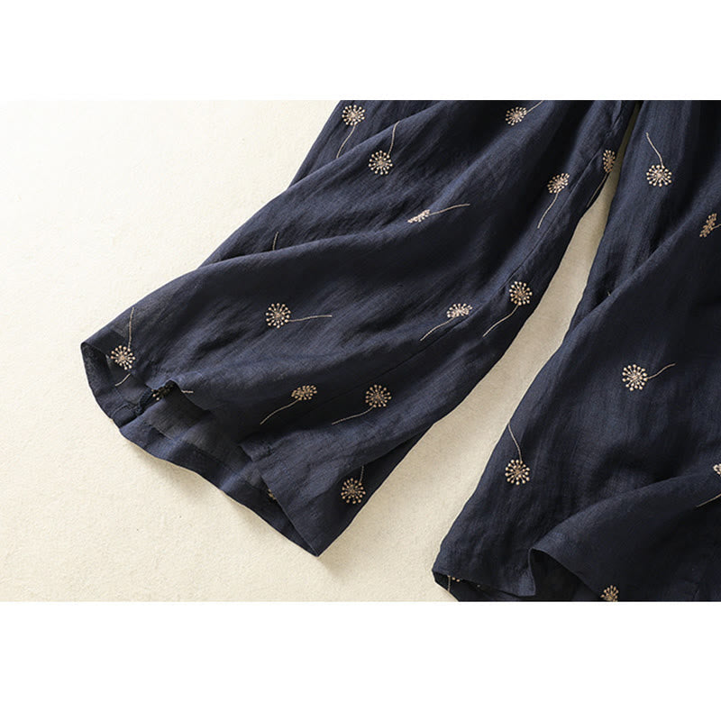Pantalones de lino y algodón con estampado de diente de león para mujer, estilo casual, de pierna ancha, color azul medianoche, Buddha Stones - image 9