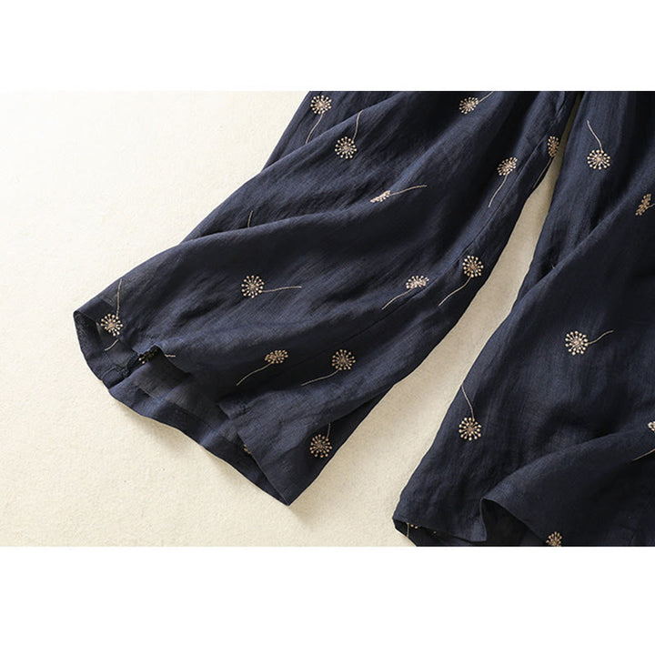 Pantalones de lino y algodón con estampado de diente de león para mujer, estilo casual, de pierna ancha, color azul medianoche, Buddha Stones - image 9