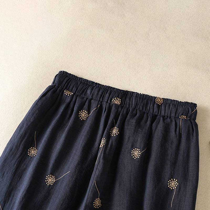 Pantalones de lino y algodón con estampado de diente de león para mujer, estilo casual, de pierna ancha, color azul medianoche, Buddha Stones - image 5