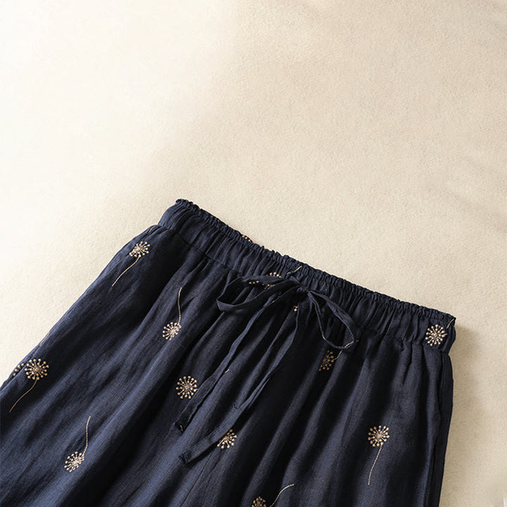 Pantalones de lino y algodón con estampado de diente de león para mujer, estilo casual, de pierna ancha, color azul medianoche, Buddha Stones - image 4