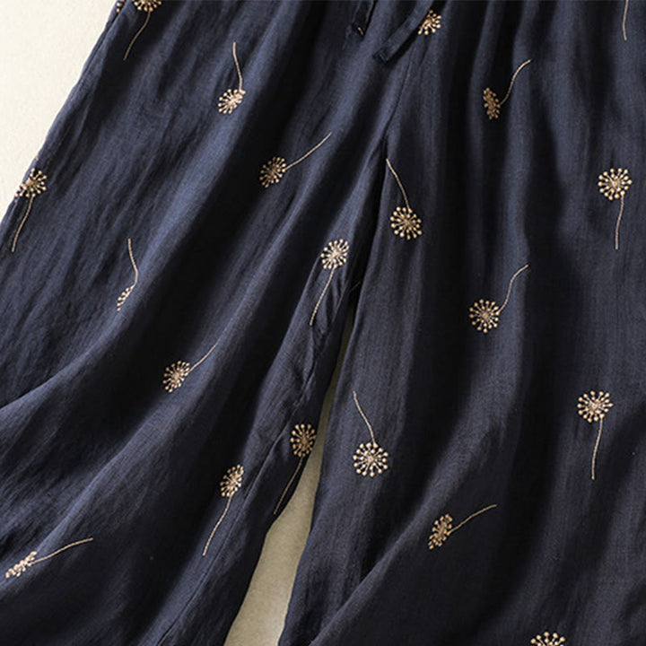 Pantalones de lino y algodón con estampado de diente de león para mujer, estilo casual, de pierna ancha, color azul medianoche, Buddha Stones - image 6