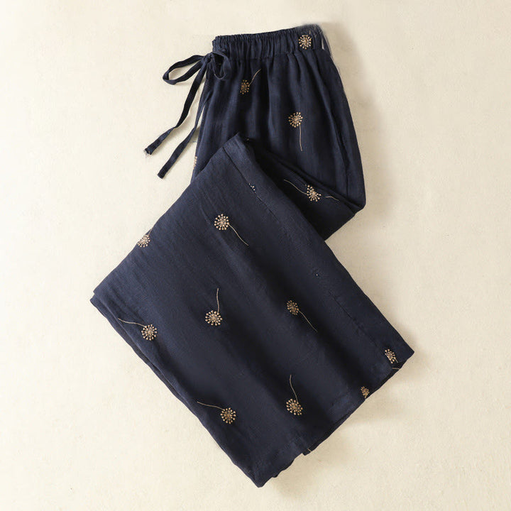 Pantalones de lino y algodón con estampado de diente de león para mujer, estilo casual, de pierna ancha, color azul medianoche, Buddha Stones - image 2