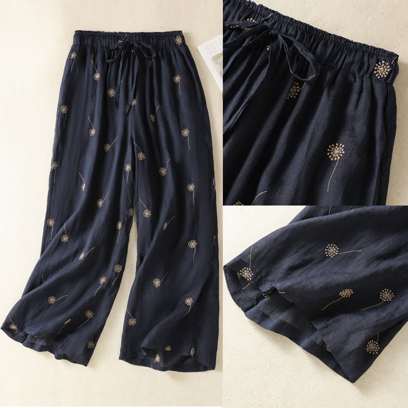 Pantalones de lino y algodón con estampado de diente de león para mujer, estilo casual, de pierna ancha, color azul medianoche, Buddha Stones - image 10