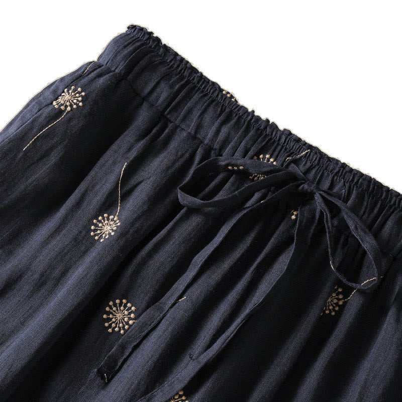 Pantalones de lino y algodón con estampado de diente de león para mujer, estilo casual, de pierna ancha, color azul medianoche, Buddha Stones - image 8