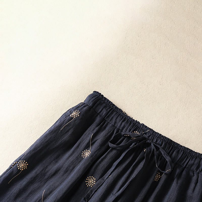 Pantalones de lino y algodón con estampado de diente de león para mujer, estilo casual, de pierna ancha, color azul medianoche, Buddha Stones - image 3