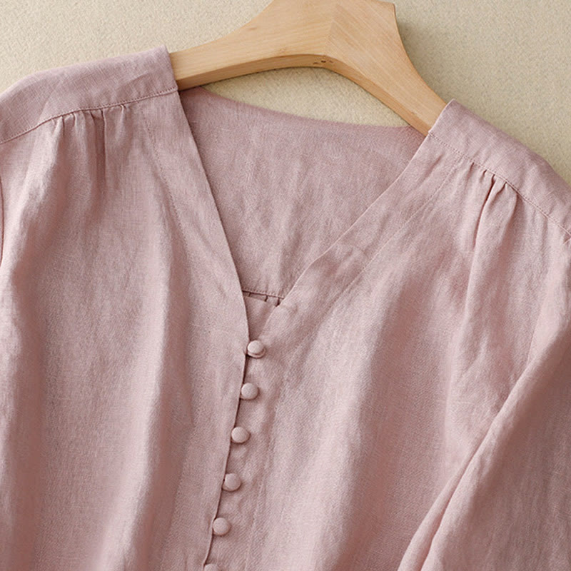 Camisa de manga larga de algodón y lino para mujer con cuello en V y diseño de Buddha Stones - image 2