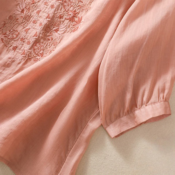 Camisa de lino y algodón para mujer con diseño bordado de Buddha Stones y manga tres cuartos