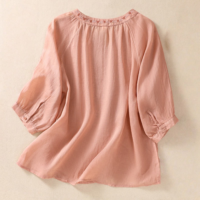 Camisa de lino y algodón para mujer con diseño bordado de Buddha Stones y manga tres cuartos