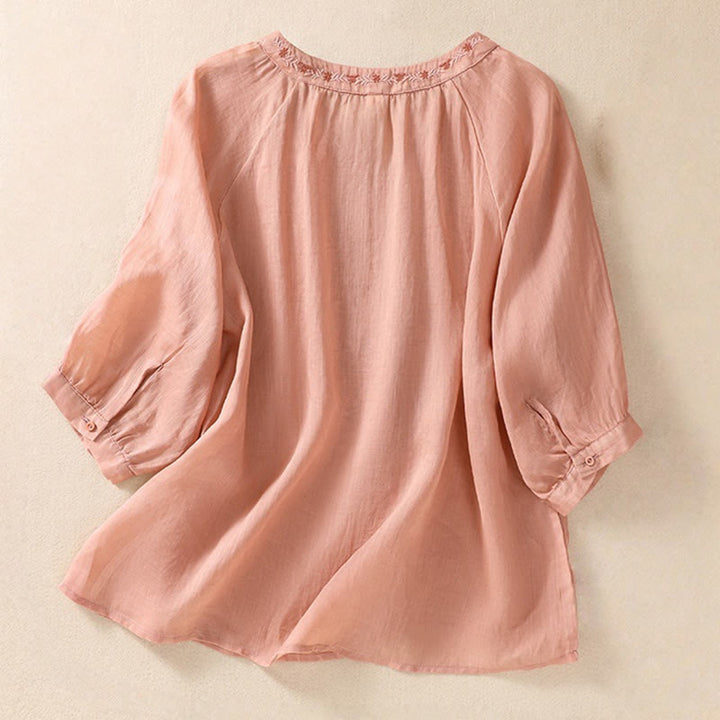 Camisa de lino y algodón para mujer con diseño bordado de Buddha Stones y manga tres cuartos