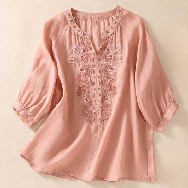 Camisa de lino y algodón para mujer con diseño bordado de Buddha Stones y manga tres cuartos