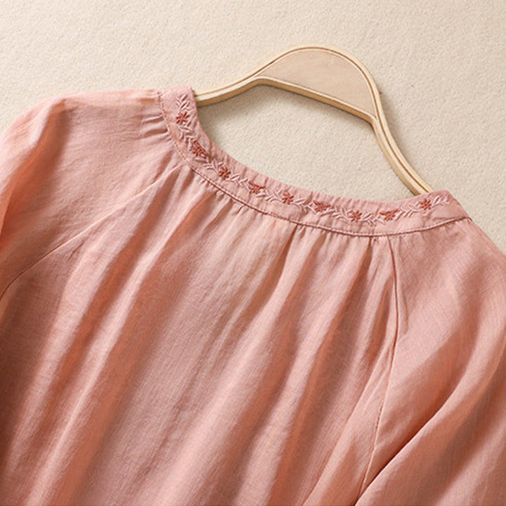 Camisa de lino y algodón para mujer con diseño bordado de Buddha Stones y manga tres cuartos