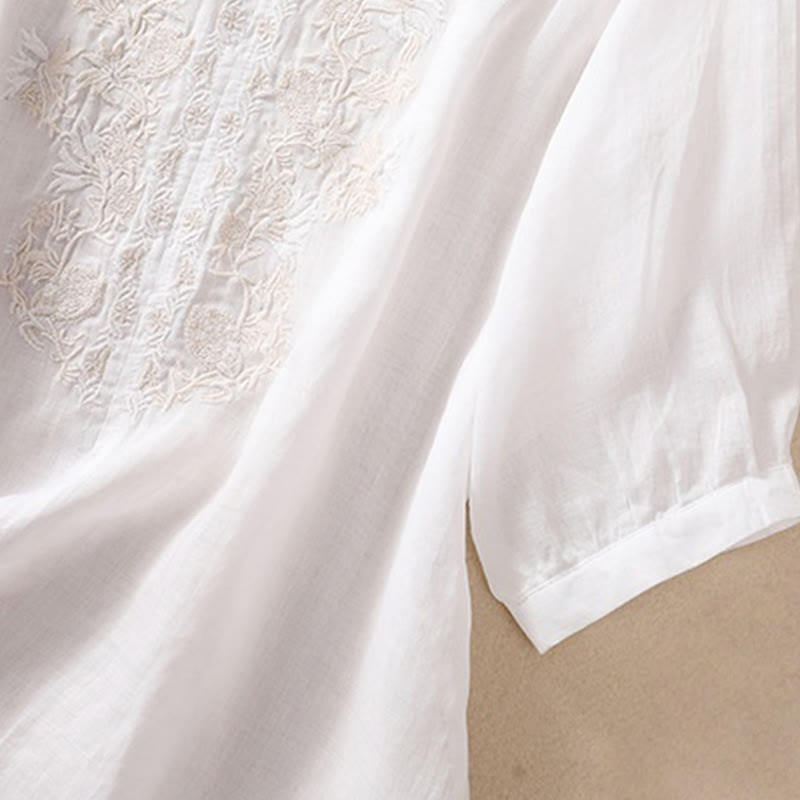 Camisa de lino y algodón para mujer con diseño bordado de Buddha Stones y manga tres cuartos