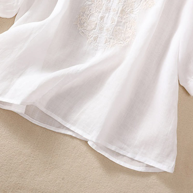 Camisa de lino y algodón para mujer con diseño bordado de Buddha Stones y manga tres cuartos