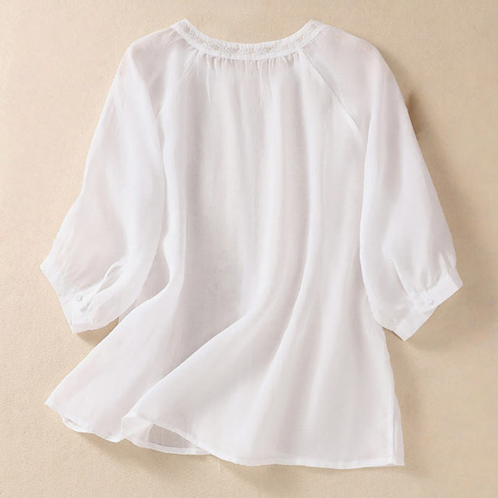 Camisa de lino y algodón para mujer con diseño bordado de Buddha Stones y manga tres cuartos