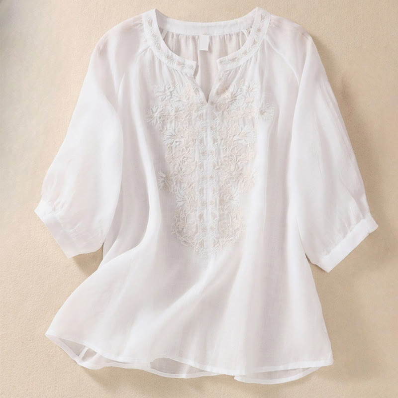 Camisa de lino y algodón para mujer con diseño bordado de Buddha Stones y manga tres cuartos