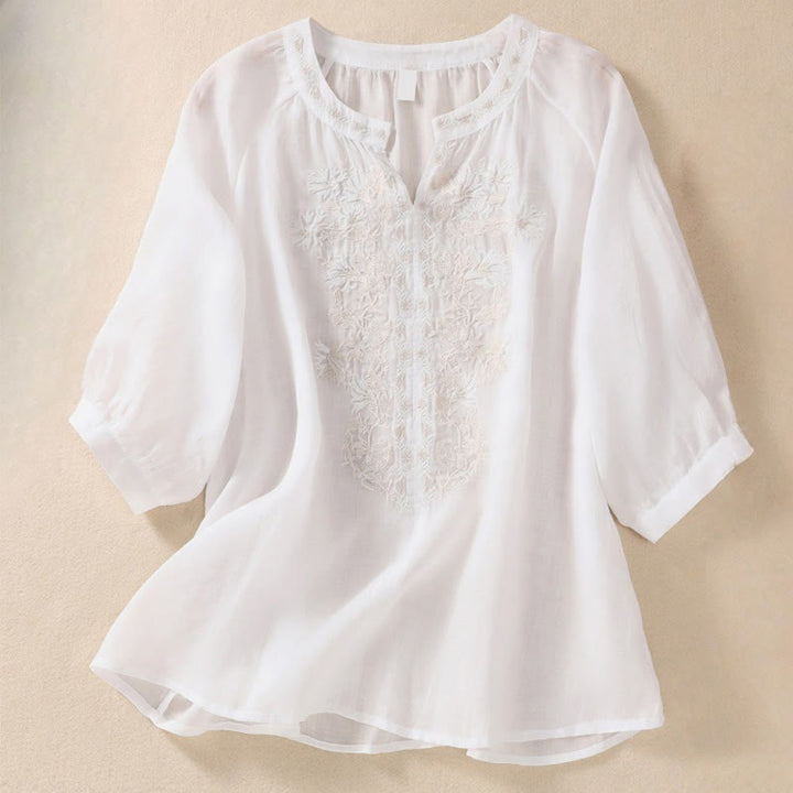 Camisa de lino y algodón para mujer con diseño bordado de Buddha Stones y manga tres cuartos