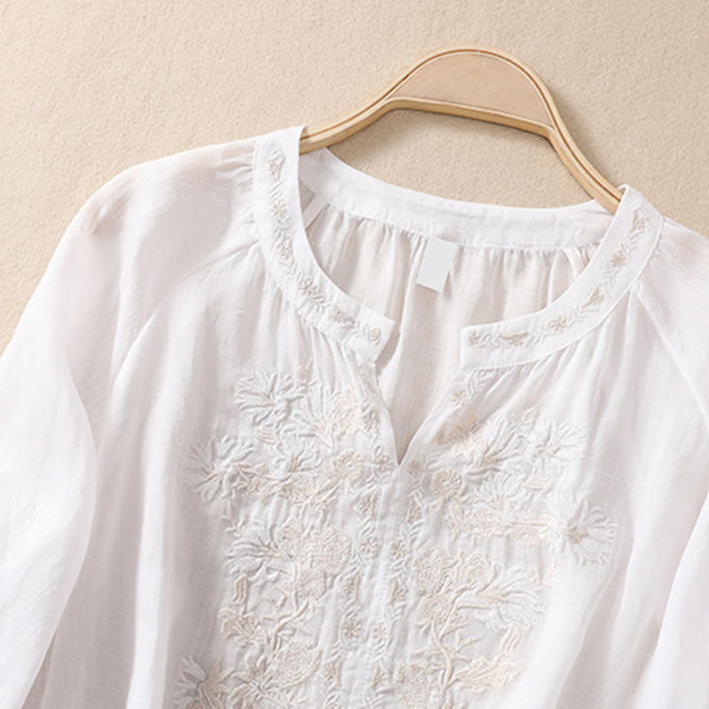 Camisa de lino y algodón para mujer con diseño bordado de Buddha Stones y manga tres cuartos