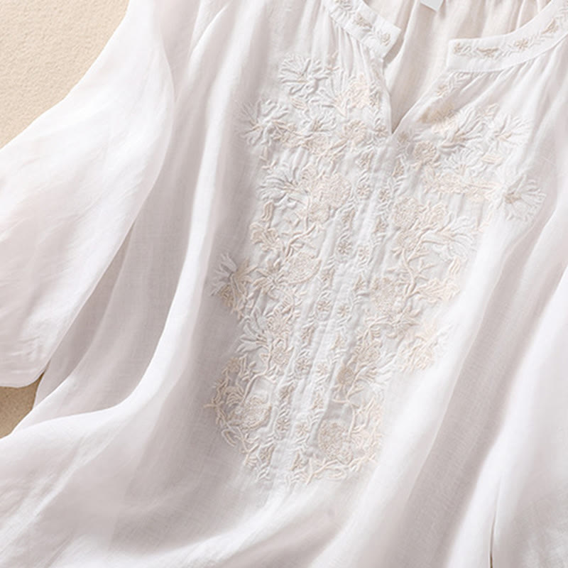 Camisa de lino y algodón para mujer con diseño bordado de Buddha Stones y manga tres cuartos