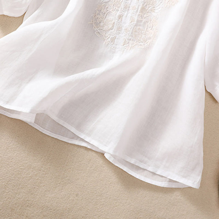 Camisa de lino y algodón para mujer con diseño bordado de Buddha Stones y manga tres cuartos