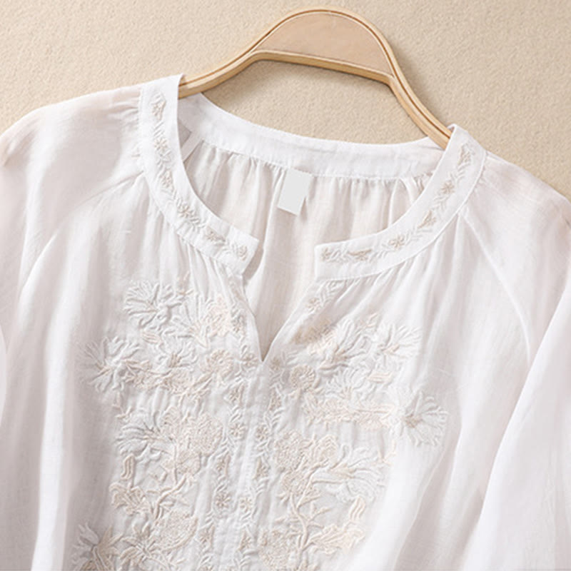 Camisa de lino y algodón para mujer con diseño bordado de Buddha Stones y manga tres cuartos