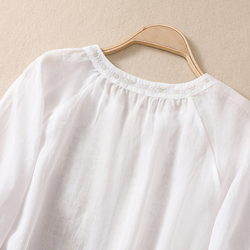 Camisa de lino y algodón para mujer con diseño bordado de Buddha Stones y manga tres cuartos