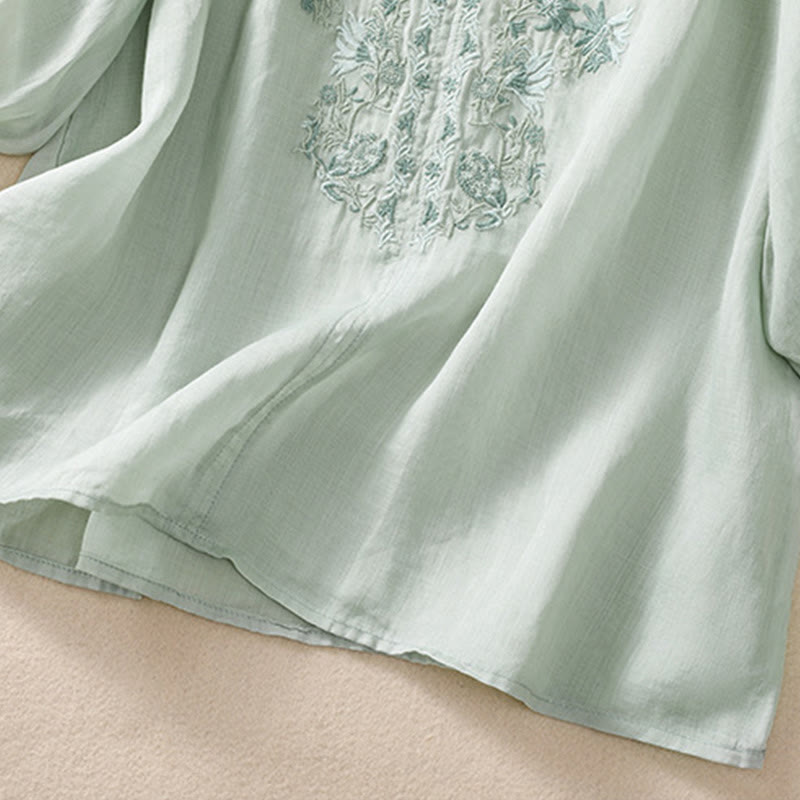 Camisa de lino y algodón para mujer con diseño bordado de Buddha Stones y manga tres cuartos