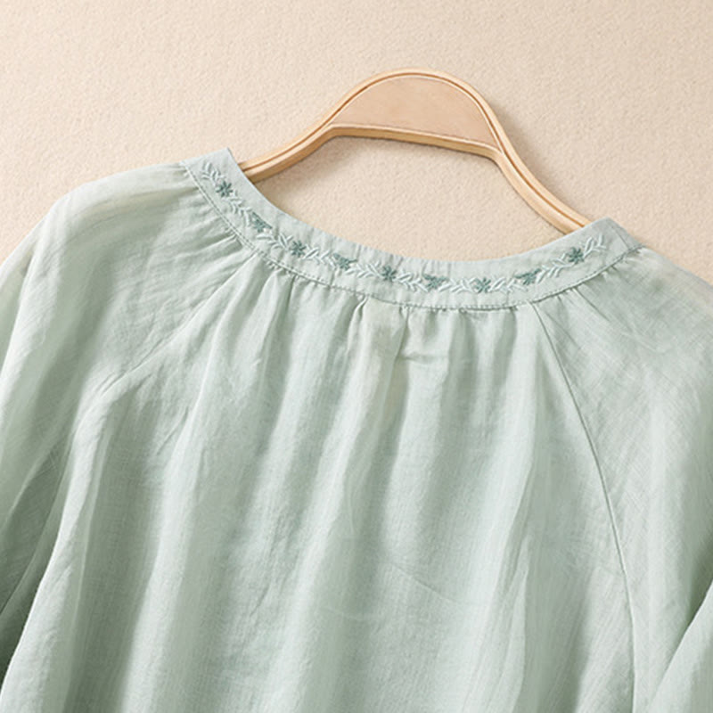 Camisa de lino y algodón para mujer con diseño bordado de Buddha Stones y manga tres cuartos