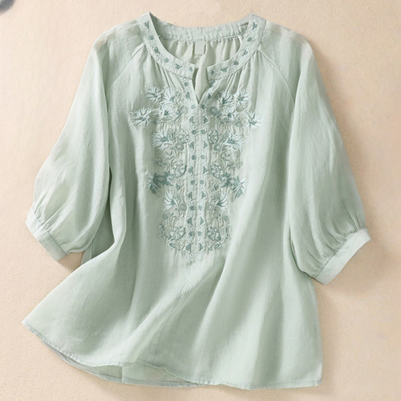 Camisa de lino y algodón para mujer con diseño bordado de Buddha Stones y manga tres cuartos