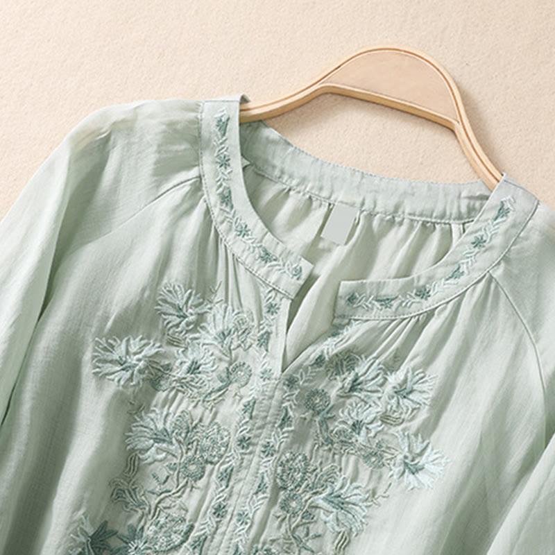 Camisa de lino y algodón para mujer con diseño bordado de Buddha Stones y manga tres cuartos