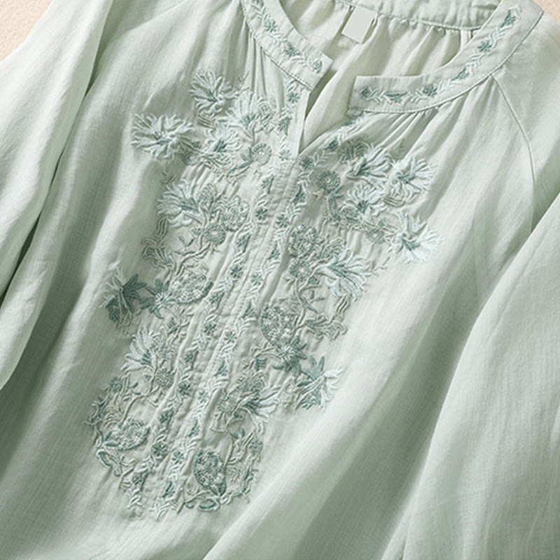 Camisa de lino y algodón para mujer con diseño bordado de Buddha Stones y manga tres cuartos