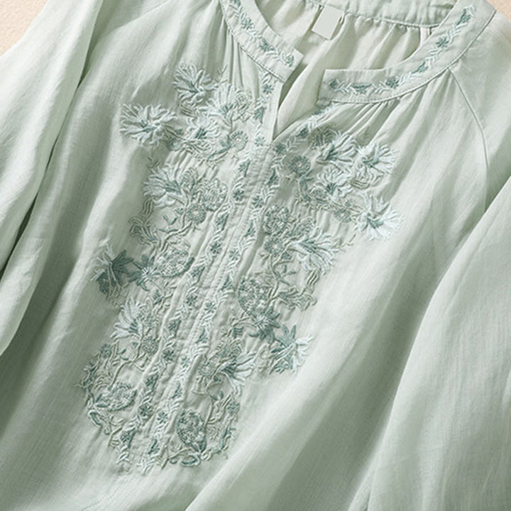 Camisa de lino y algodón para mujer con diseño bordado de Buddha Stones y manga tres cuartos