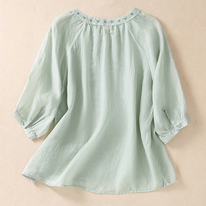Camisa de lino y algodón para mujer con diseño bordado de Buddha Stones y manga tres cuartos