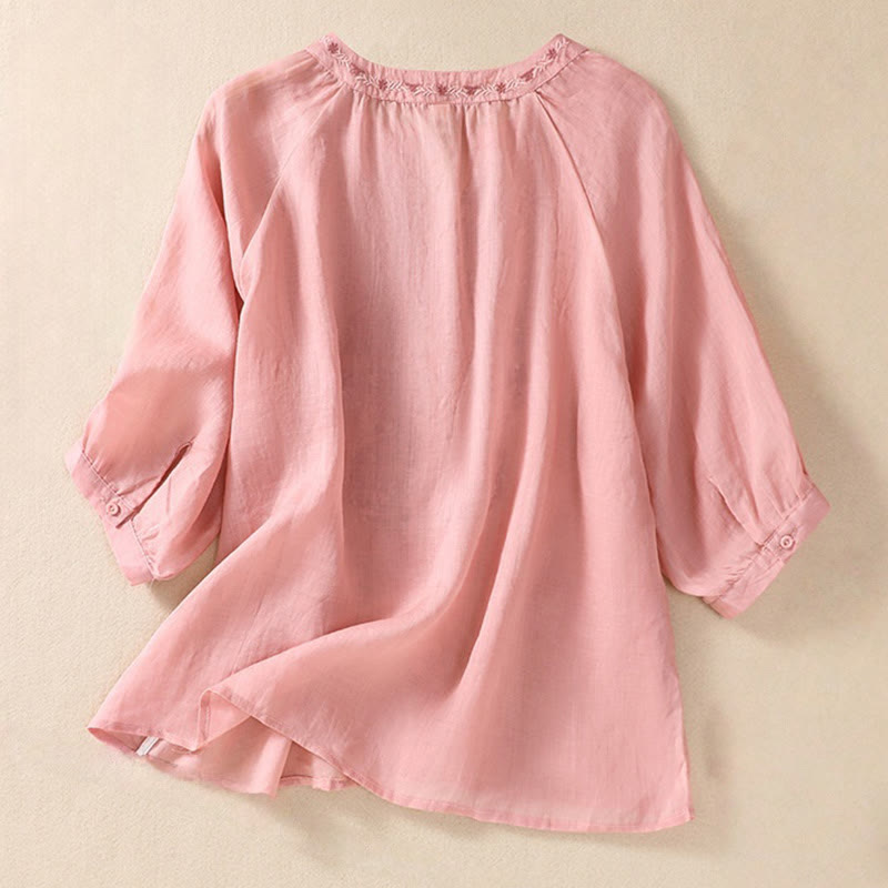 Camisa de lino y algodón para mujer con diseño bordado de Buddha Stones y manga tres cuartos