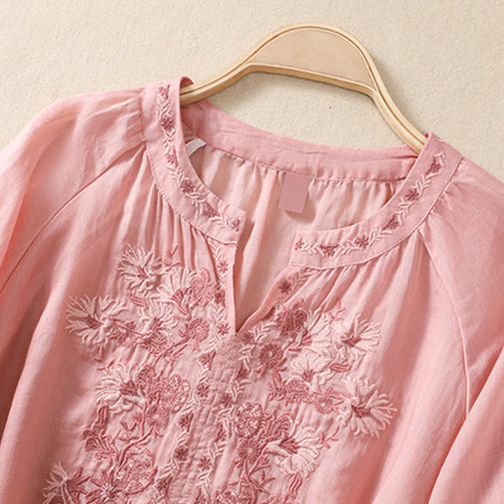 Camisa de lino y algodón para mujer con diseño bordado de Buddha Stones y manga tres cuartos