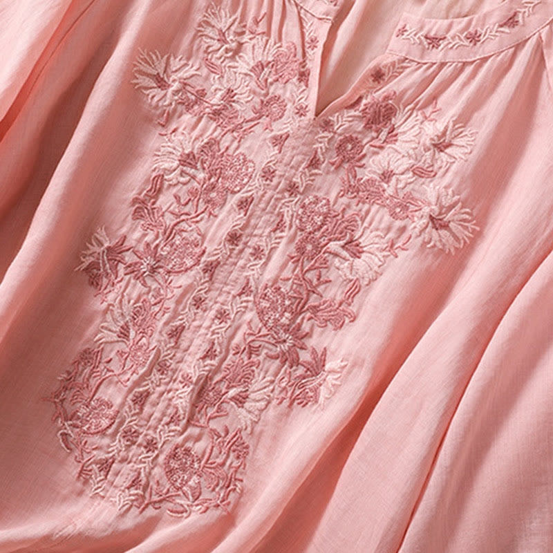 Camisa de lino y algodón para mujer con diseño bordado de Buddha Stones y manga tres cuartos
