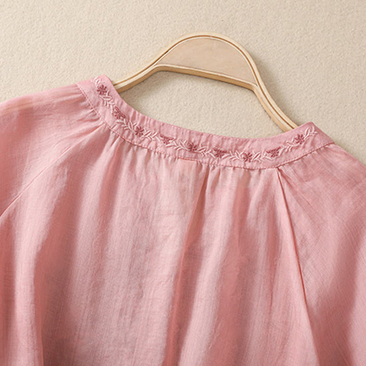Camisa de lino y algodón para mujer con diseño bordado de Buddha Stones y manga tres cuartos