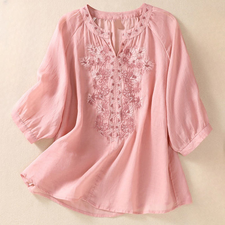 Camisa de lino y algodón para mujer con diseño bordado de Buddha Stones y manga tres cuartos
