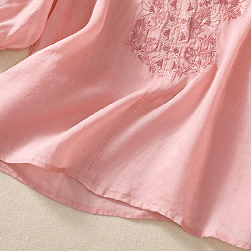 Camisa de lino y algodón para mujer con diseño bordado de Buddha Stones y manga tres cuartos
