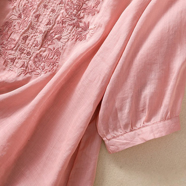 Camisa de lino y algodón para mujer con diseño bordado de Buddha Stones y manga tres cuartos